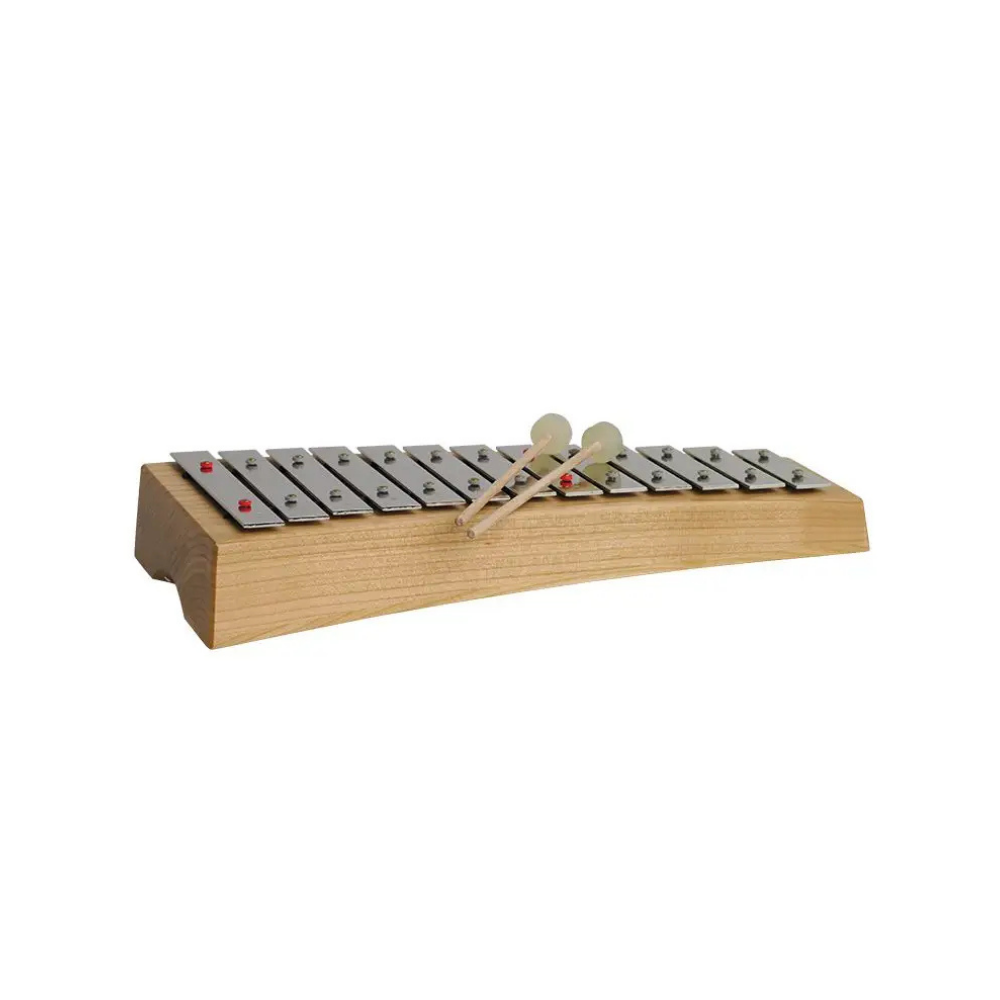 Wooden and steel dioronne diatonic glockenspiel on a white background