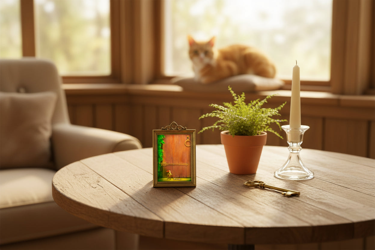living room with a framed image on a table with plant and candle with a cat in the window in the background