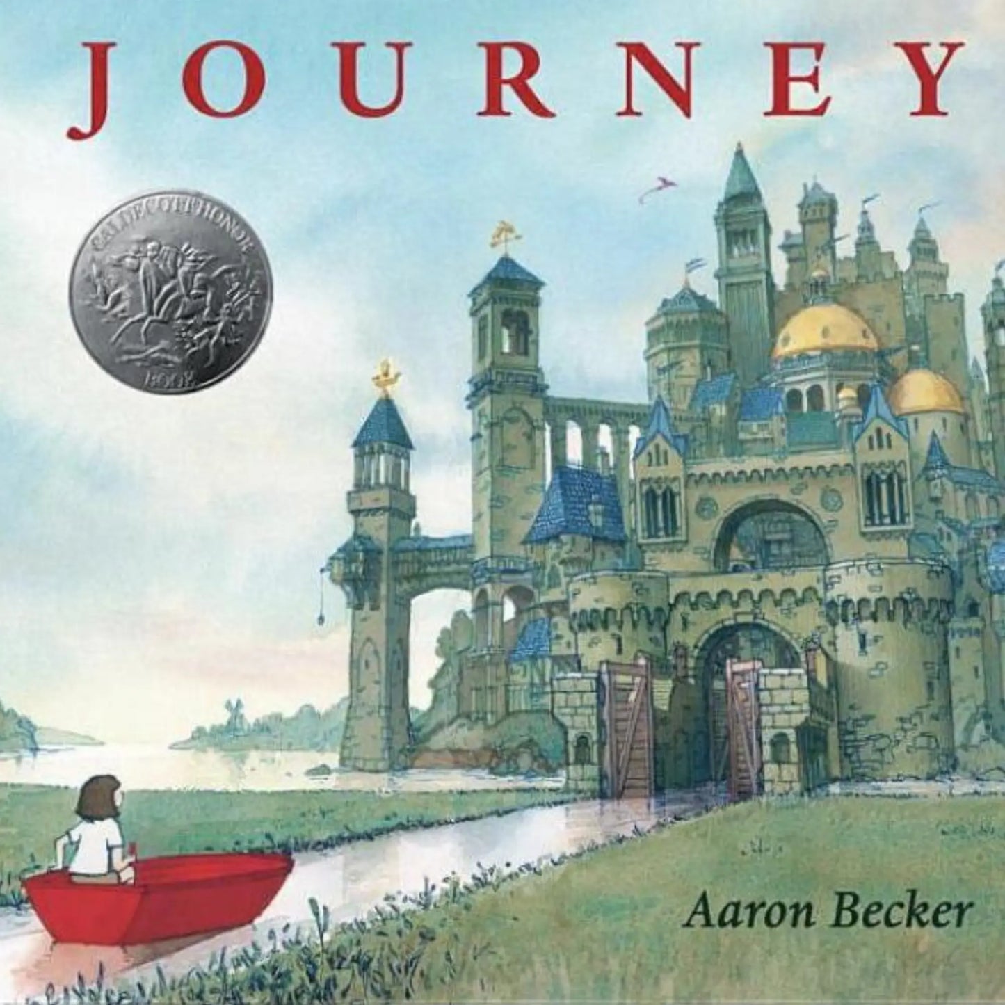 Book cover of 'Journey' by Aaron Becker with a castle and person in a red boat.