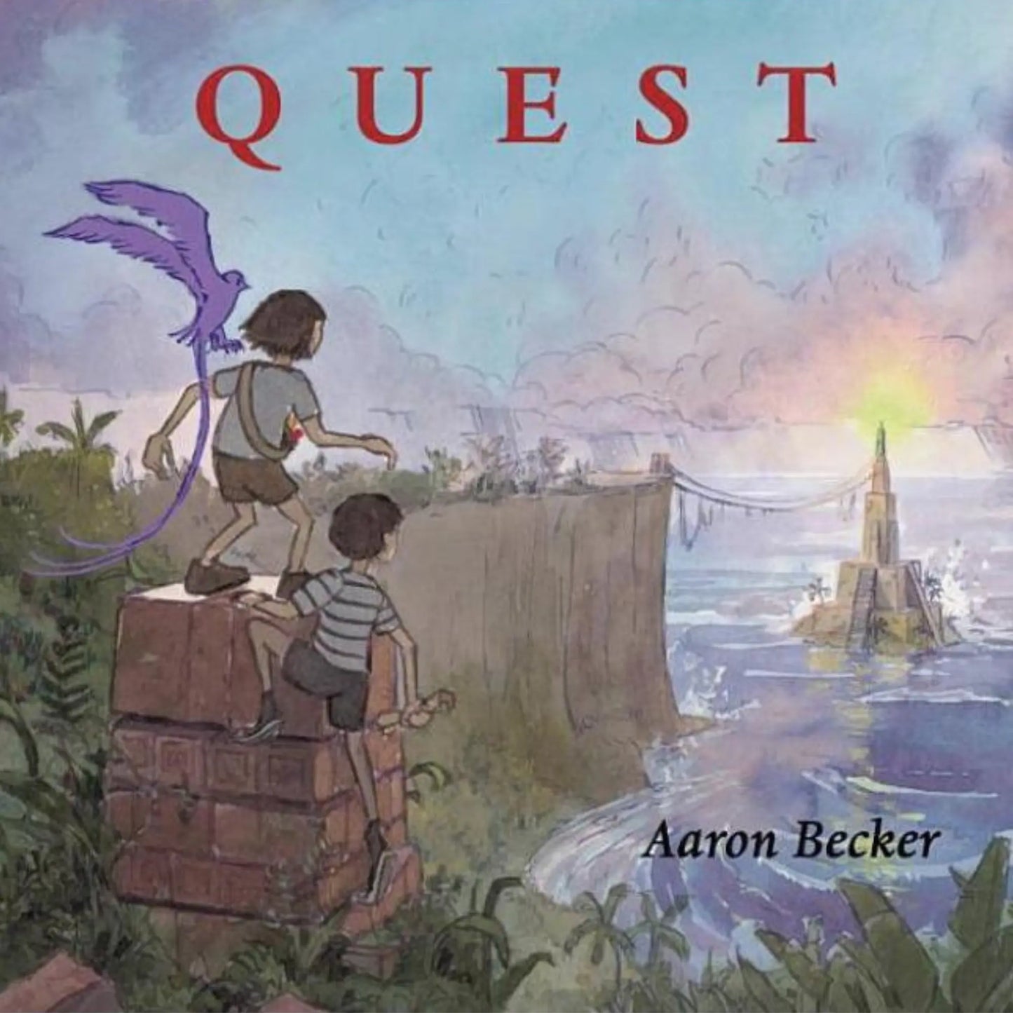Book cover of 'Quest' by Aaron Becker featuring two characters and a dragon overlooking a landscape.