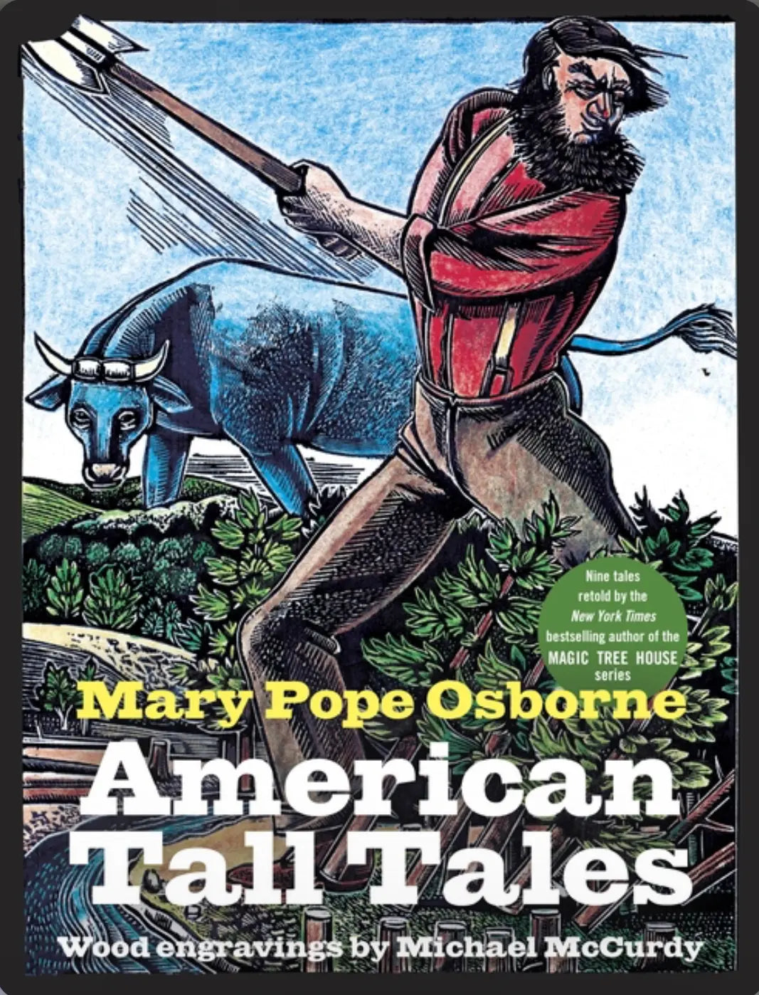 Book cover of 'American Tall Tales' by Mary Pope Osborne with illustrations of a man and a bull.