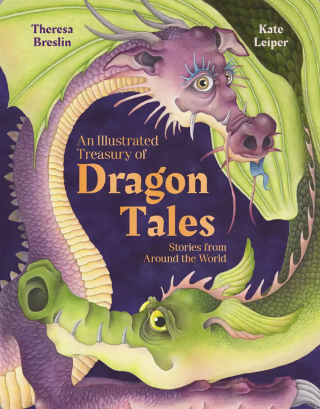 Book cover of 'An Illustrated Treasury of Dragon Tales' with dragons on a purple background