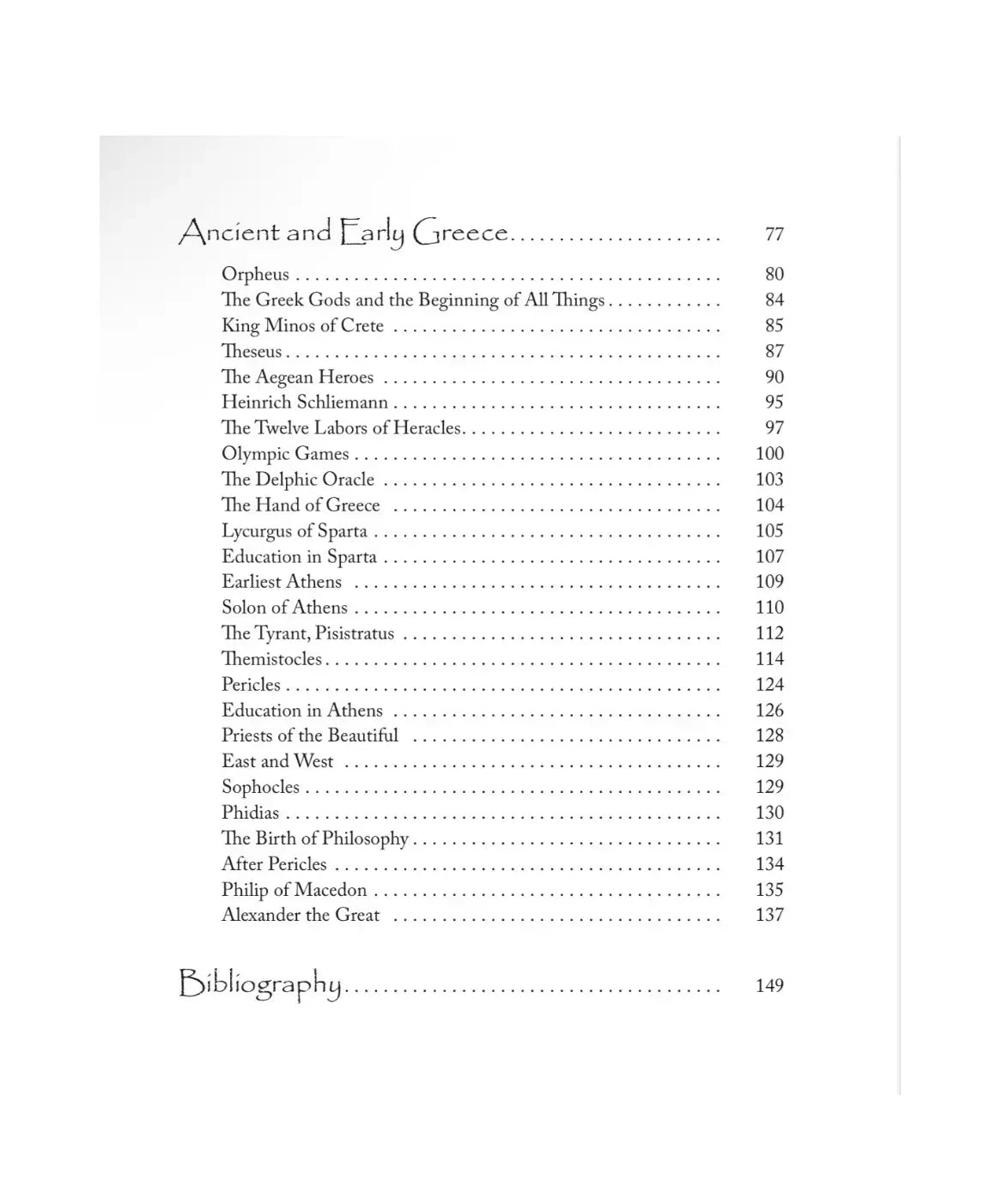 Table of contents page from a book on Ancient and Early Greece with chapter titles and page numbers.