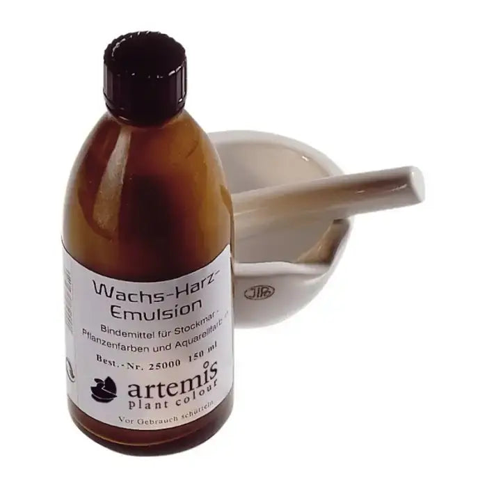 1 Glass bottle of Binding Agent, Artemis Wax & Resin Emulsion next to a mortar and pestle