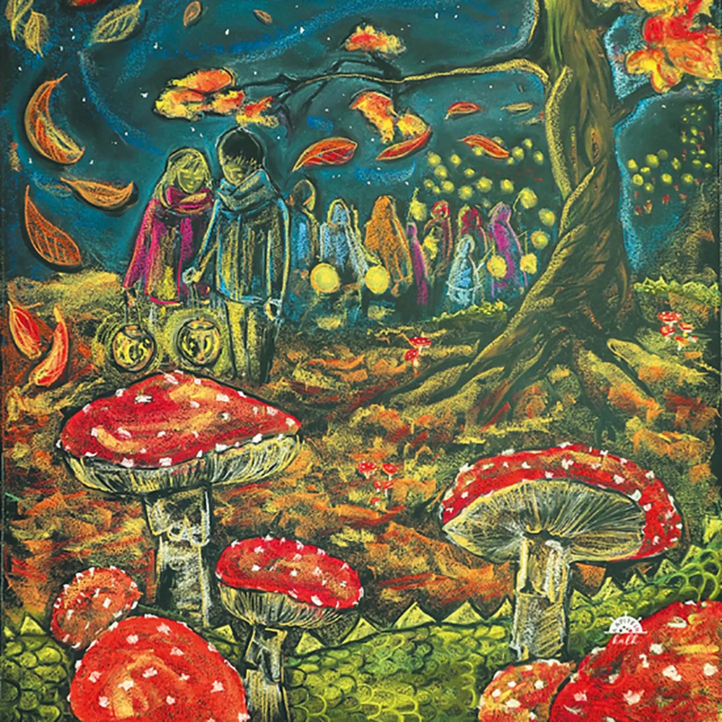 Autumn scene of Children carrying lanterns through an autumn forest with falling leaves, red and white mushrooms, and a dragon's tail disappears in the foreground