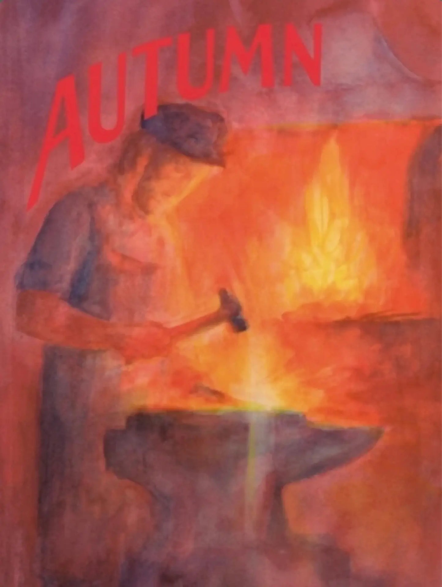 Person forging metal by a fire with 'AUTUMN' text above