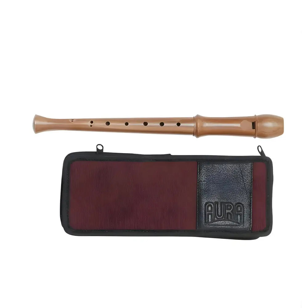 an Aura wooden recorder with Baroque fingering and a maroon and black case on white background