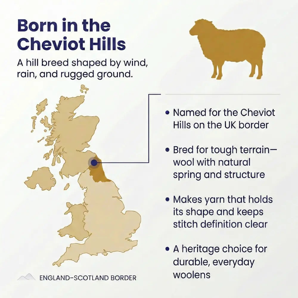 illustration of a Cheviot Sheep and facts about the breed's origin and wool
