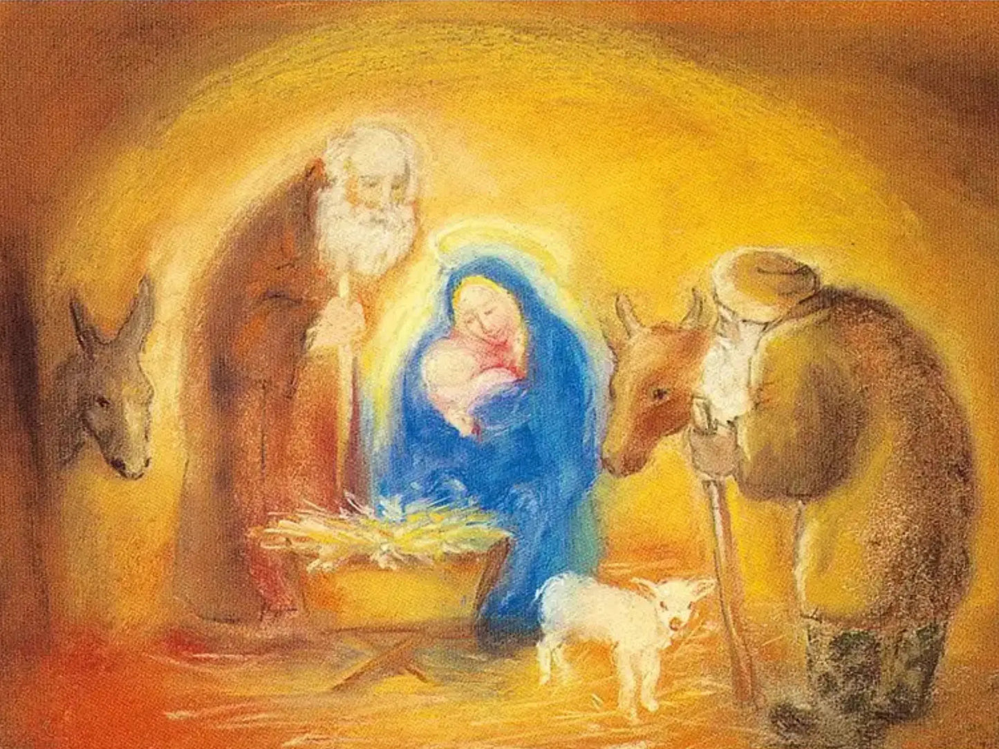 Nativity scene with Mary, Joseph, and baby Jesus surrounded by animals.