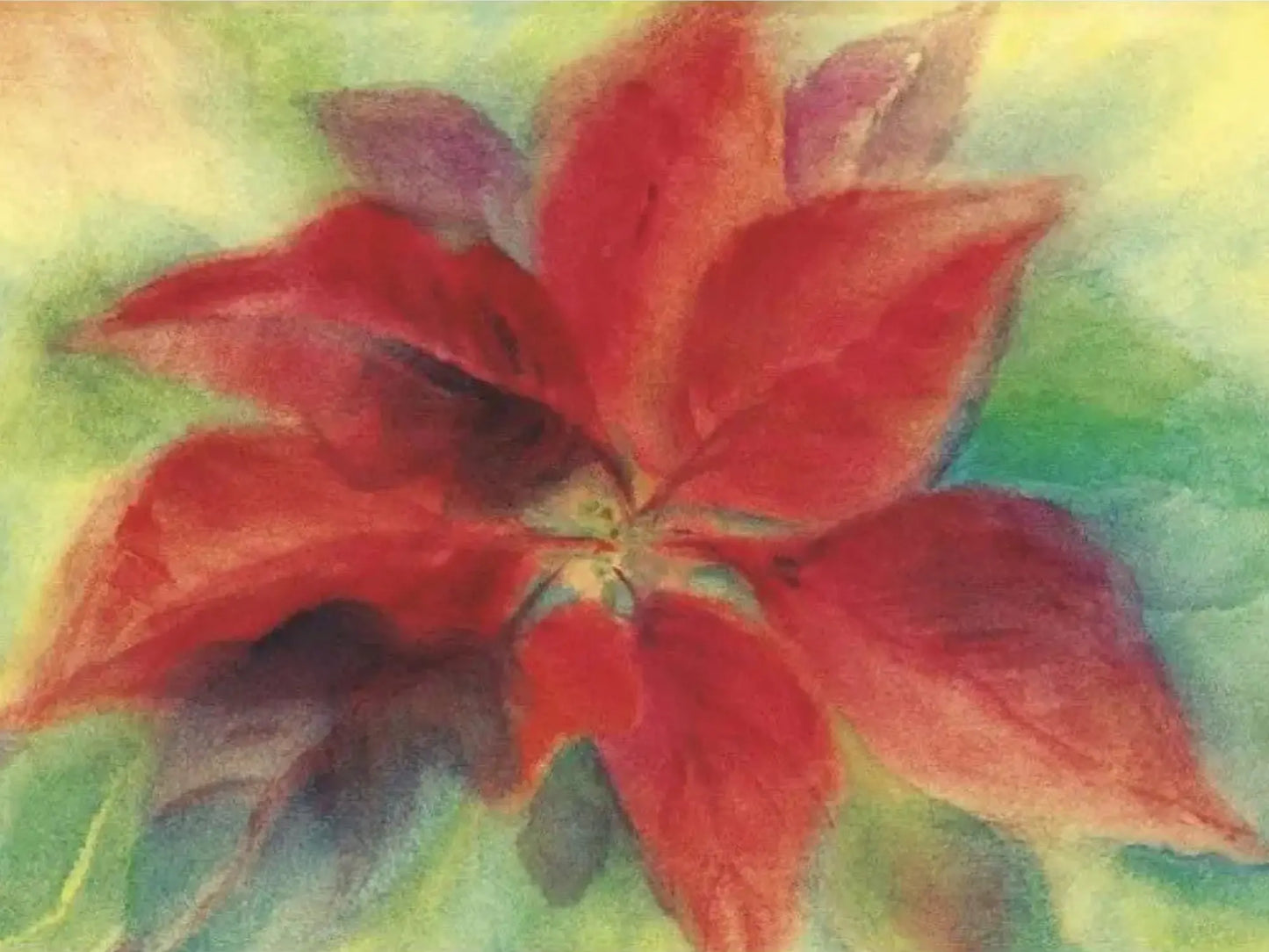 Red poinsettia flower on a colorful watercolor background