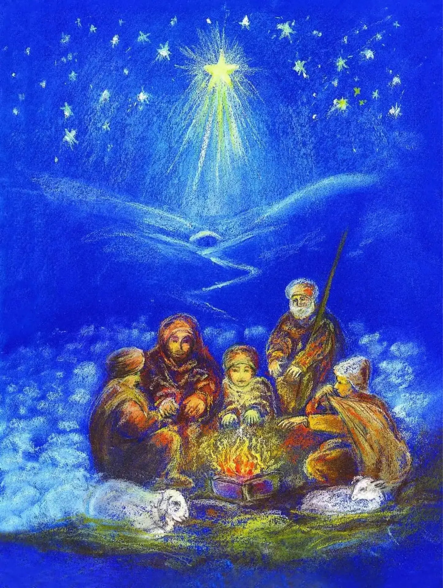 Nativity postcard focusing on shepherds warming hands by fire with sheep on Christmas night.