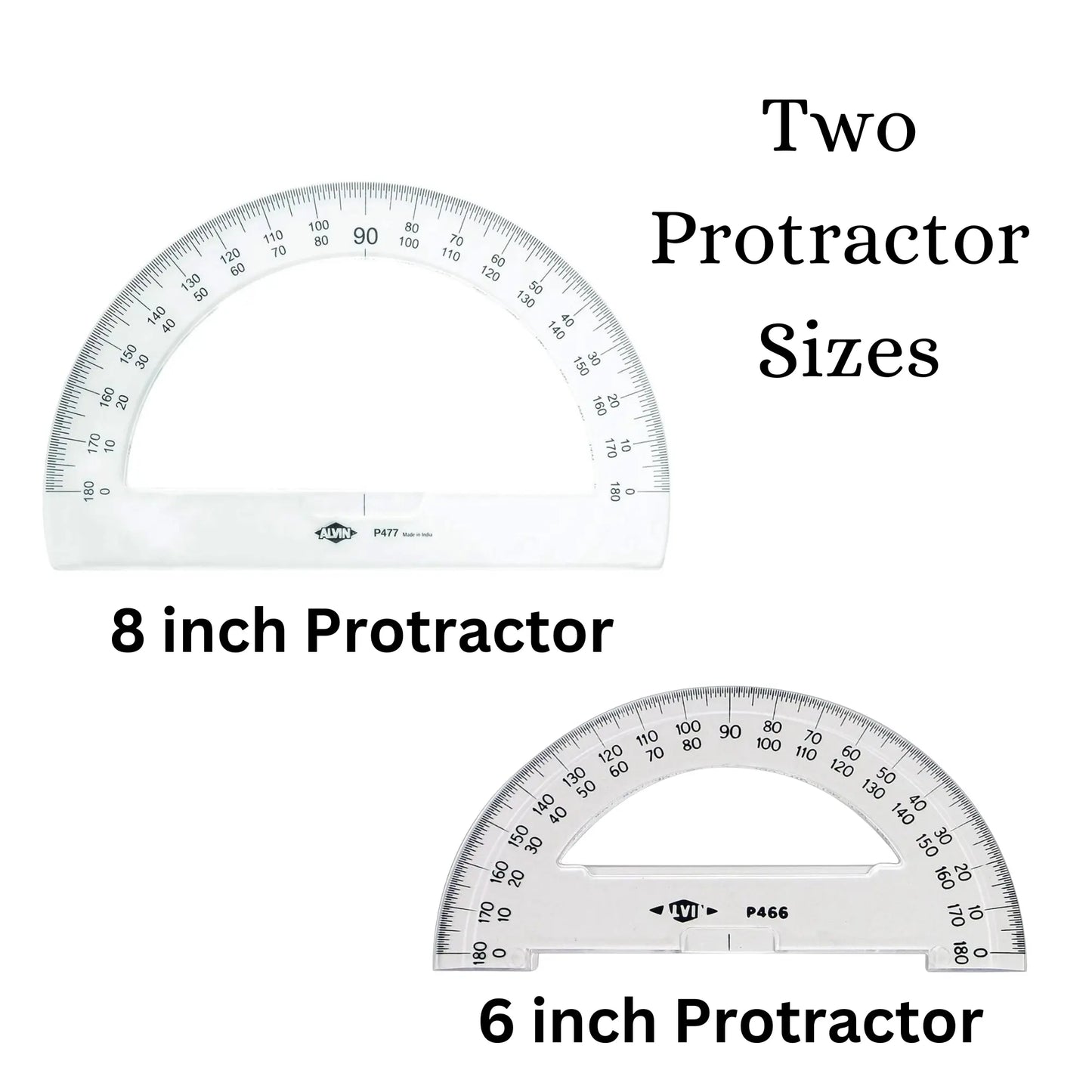 Two protractor sizes displayed on a white background with text indicating '8 inch Protractor' and '6 inch Protractor'.