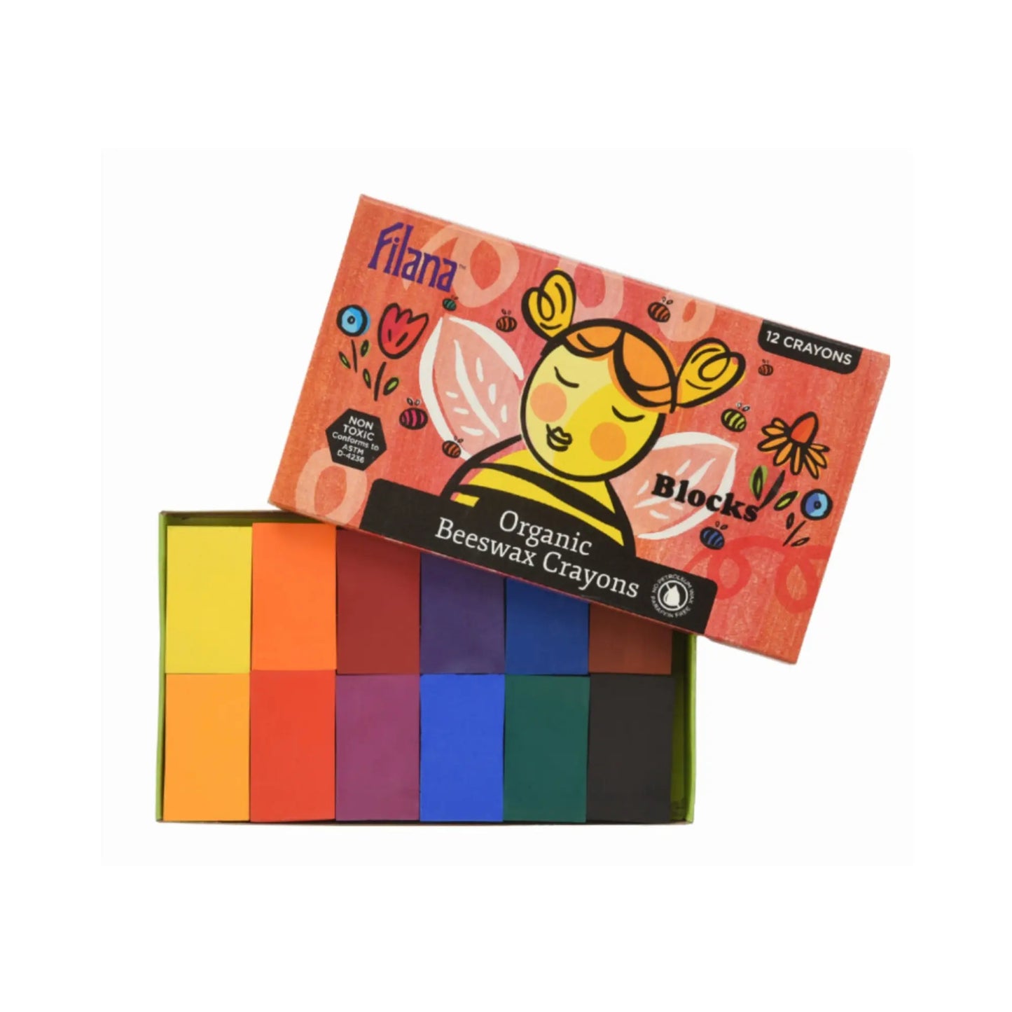 Box of Fitana organic beeswax crayons with color swatches on a white background