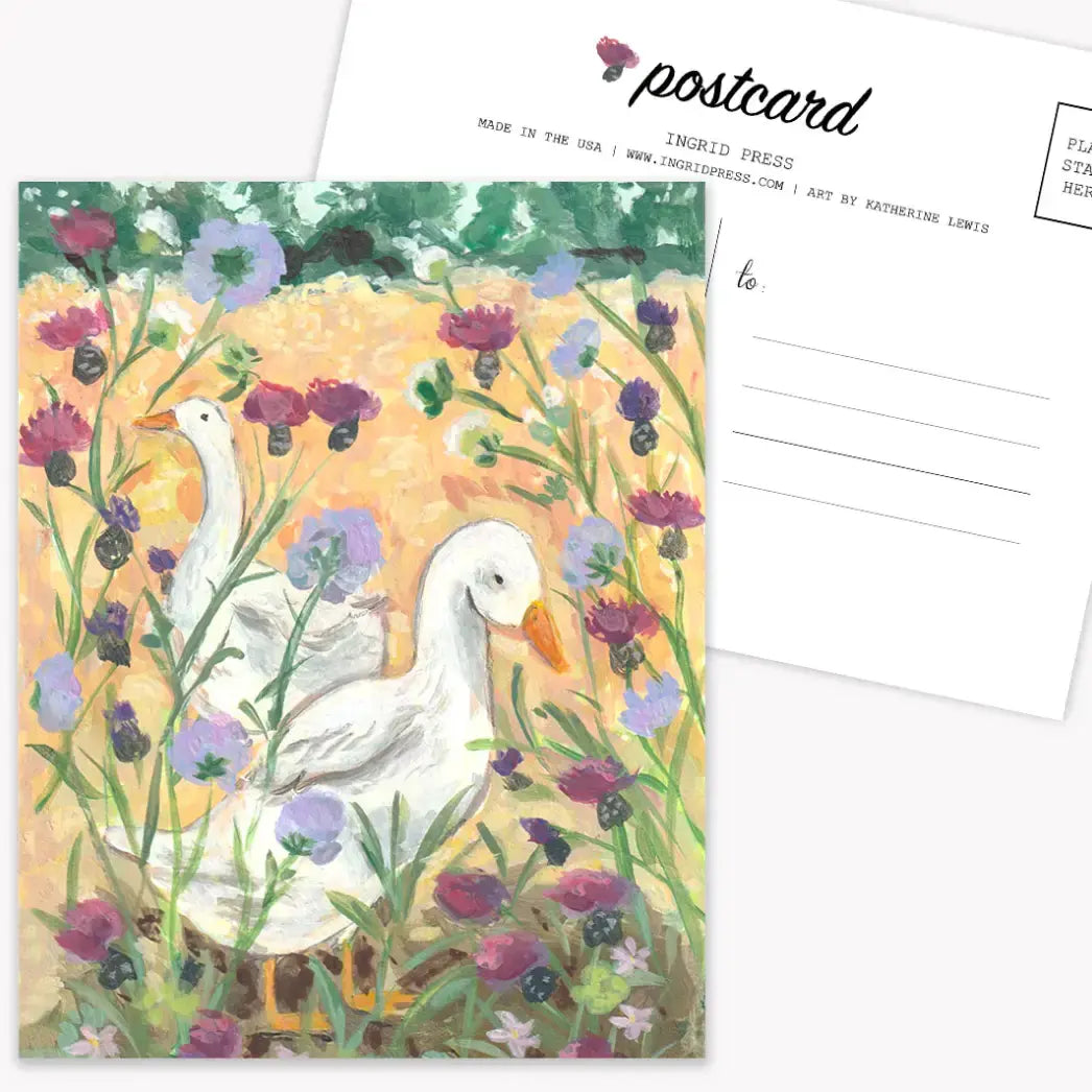 Ingrid Press Cute Postcard of Two white ducks in a flowery meadow