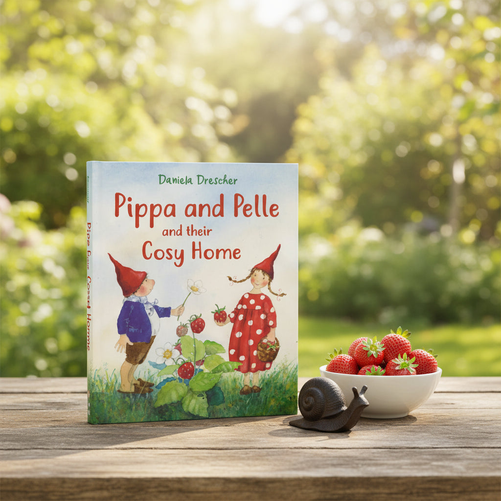 A book called PIppa and Pelle on a wooden tabletop with strawberries and cast iron snail
