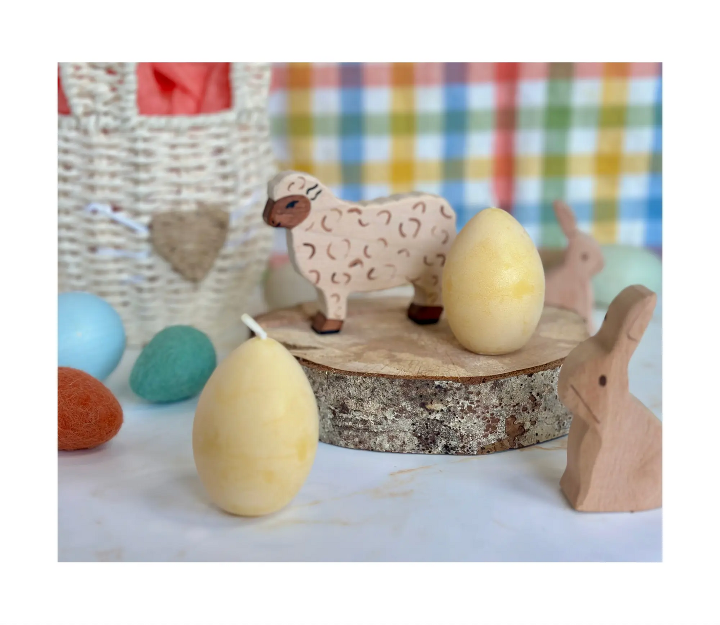 Dipam Beeswax Egg Candles with wooden lamb and rabbits, an easter basket and felt easter eggs