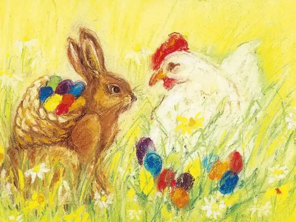 Illustration of a rabbit with Easter eggs and a chicken in a grassy field
