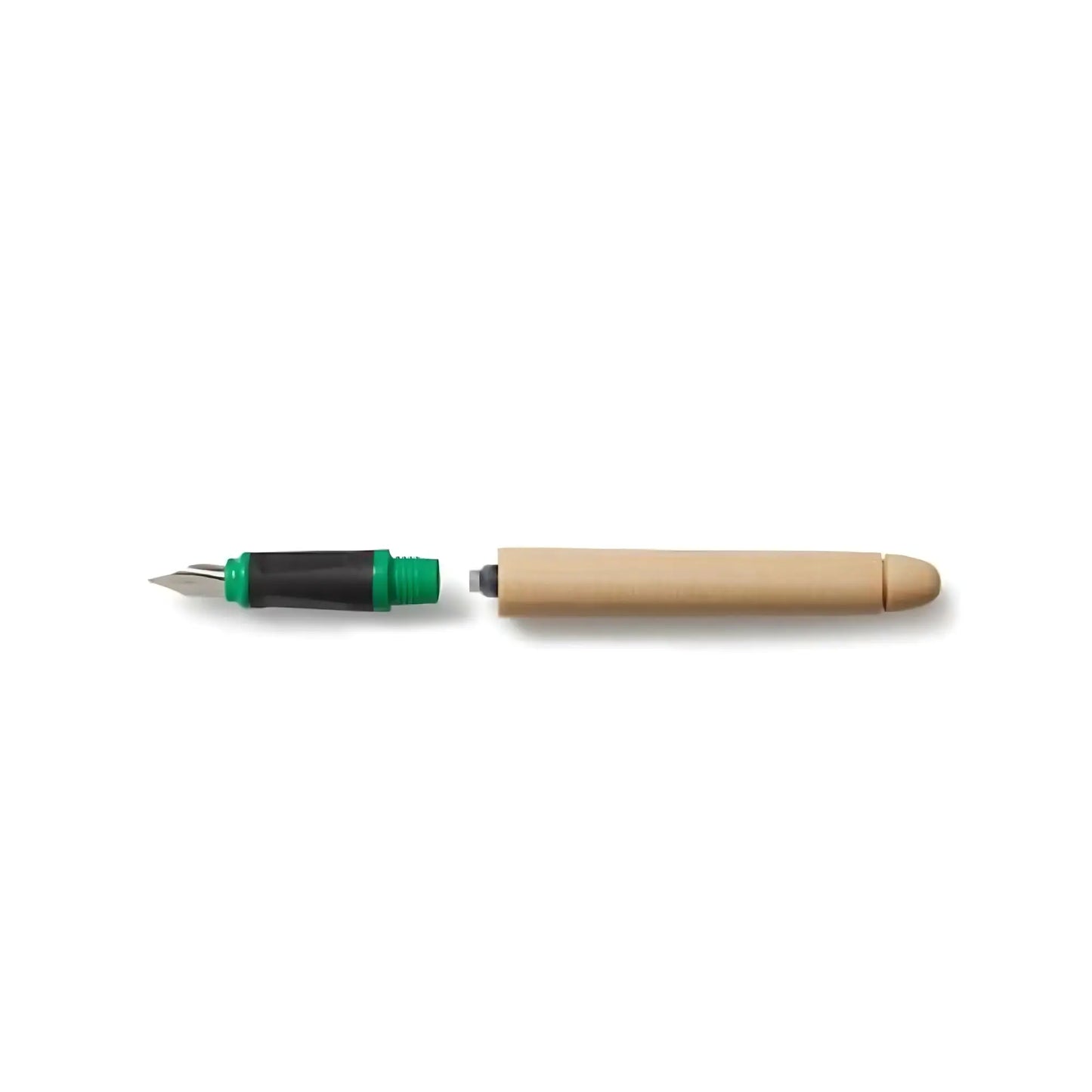 Pen with beige body and green accents on a white background
