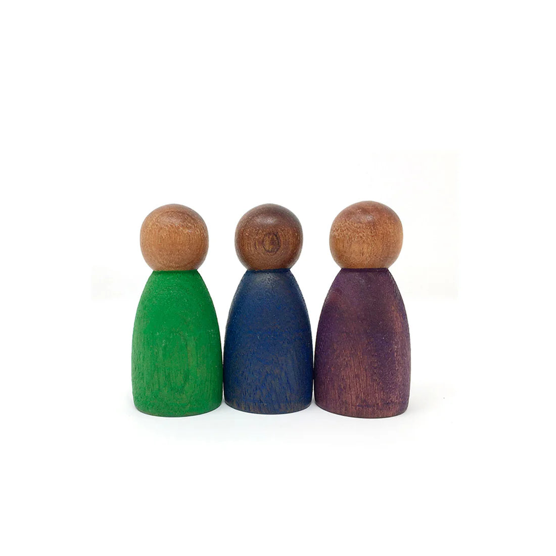 Three wooden peg dolls with different colored bodies on a white background