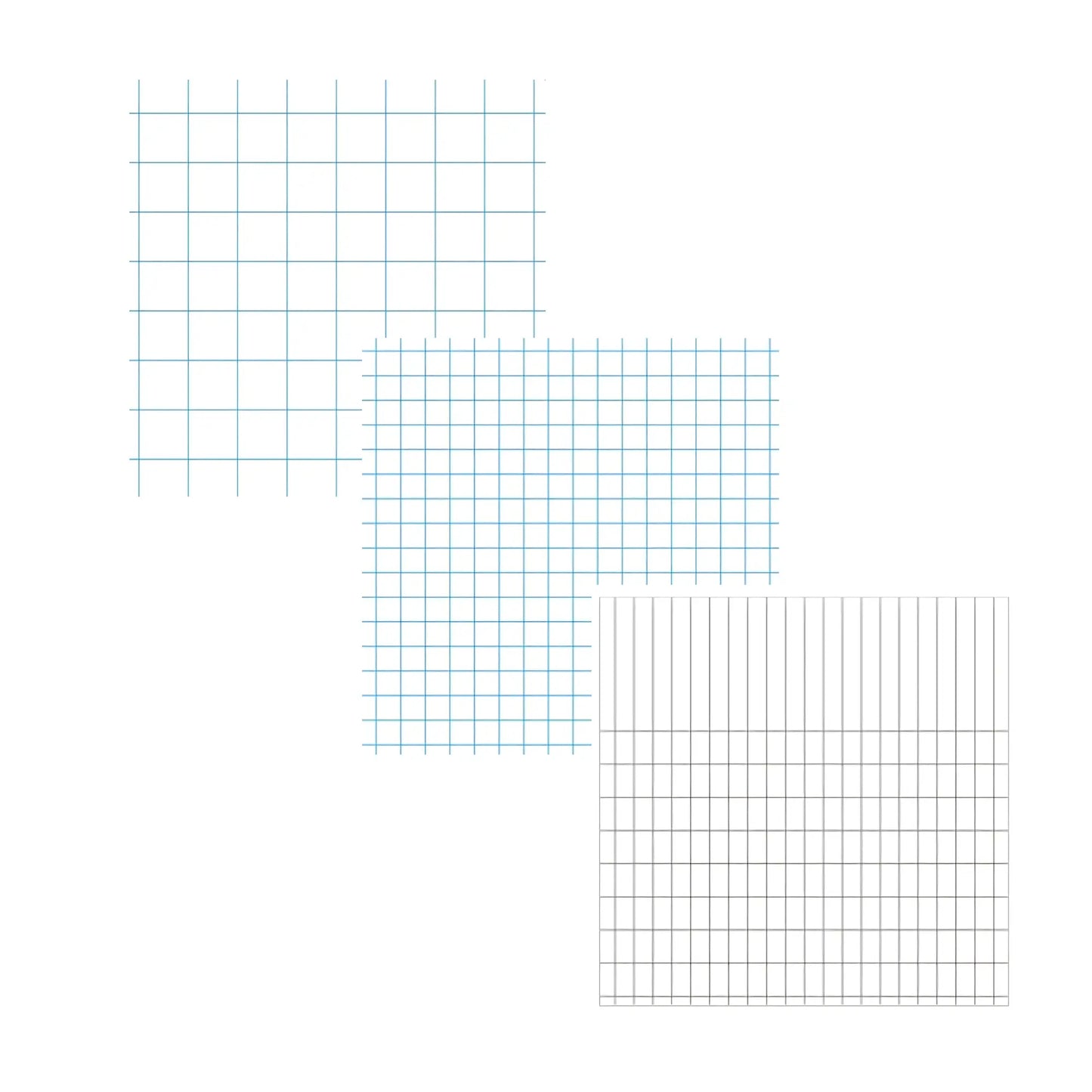 Three different woodless graph paper types on a white background