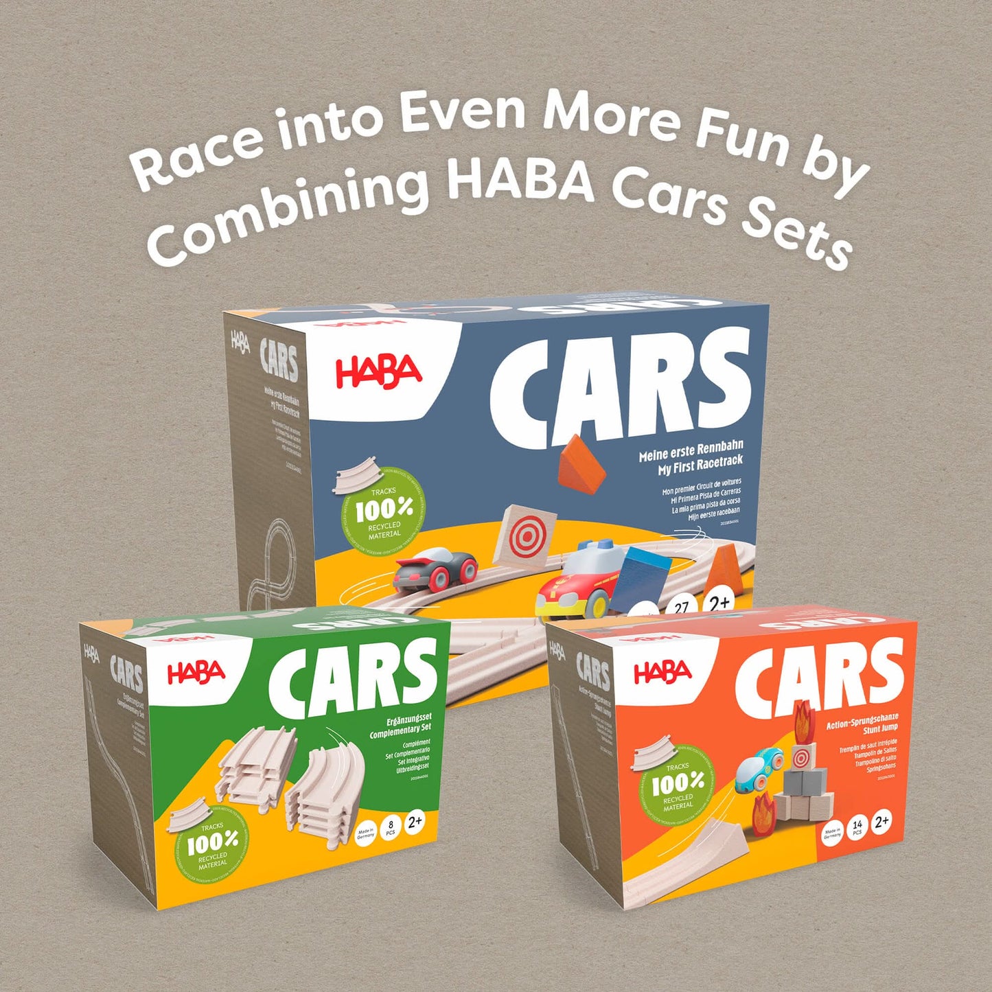 Three HABA CARS toy sets packaging on a beige background with promotional text.