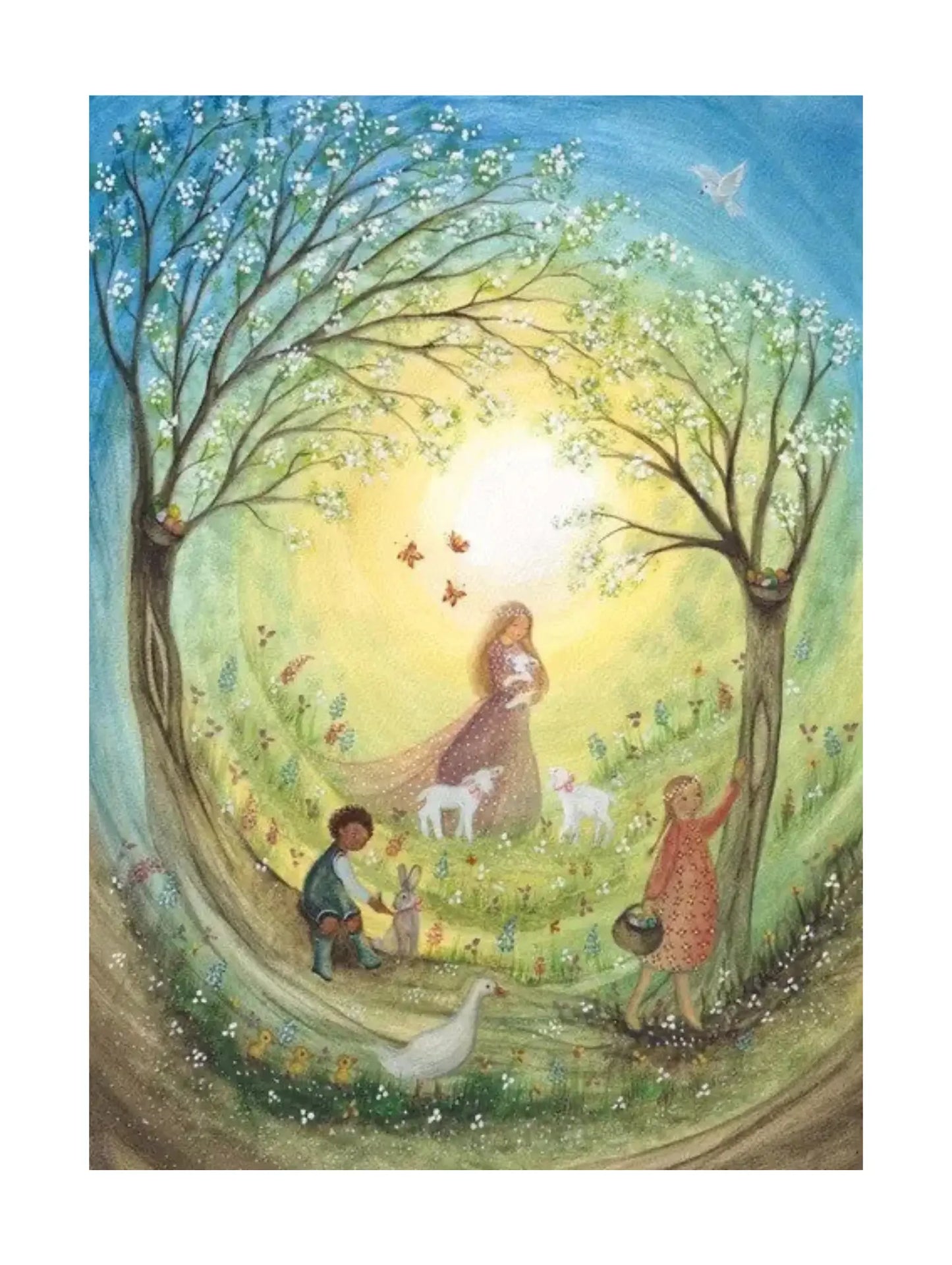Illustration of a woman and children in a garden with trees and butterflies