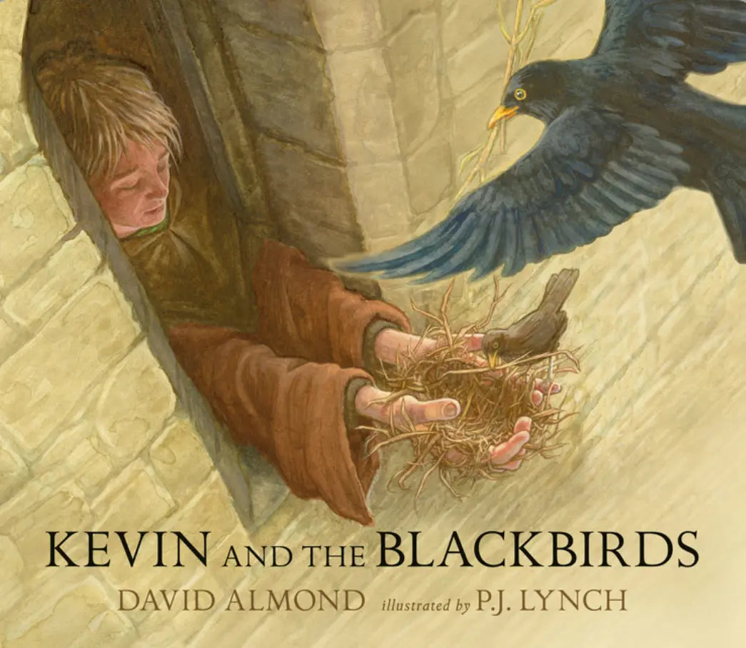 Book cover of 'Kevin and the Blackbirds' with a boy and blackbird illustration.