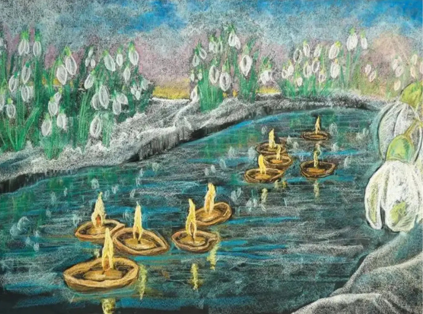 Close up of Waldorf chalk art of a steam with floating walnut shell candles and snowdrop flowers for Candlemas celebration