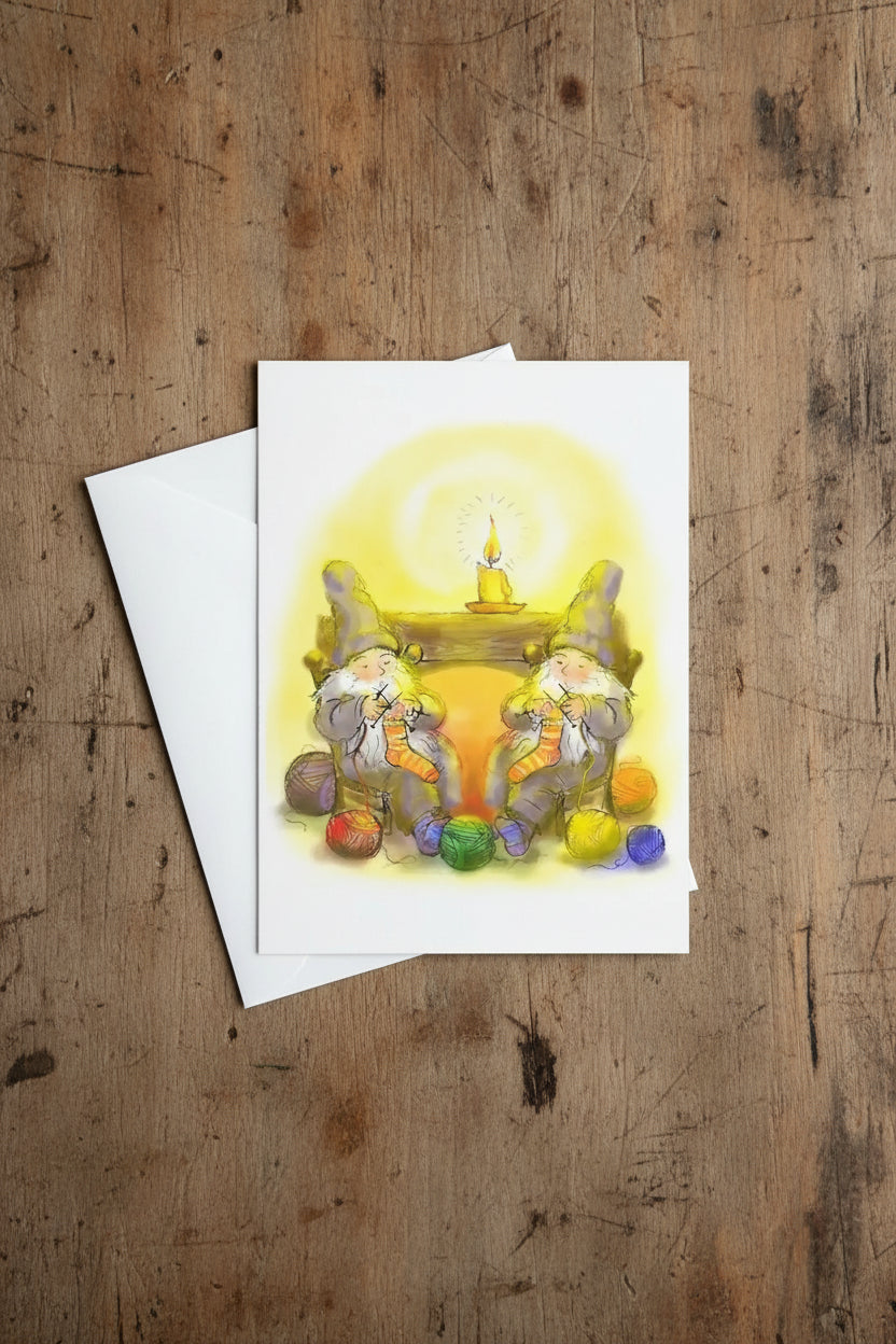 knitting gnome card on a wooden table top