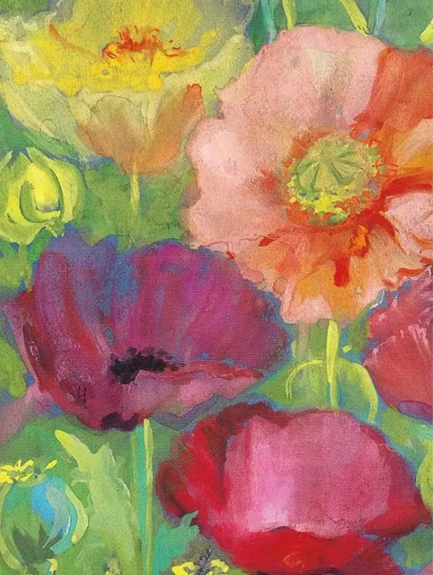 Colorful floral painting with various flowers on a green background