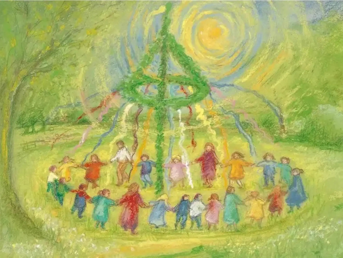 Marjan Van Zeyl art of a group of people around a maypole in a festive outdoor setting.