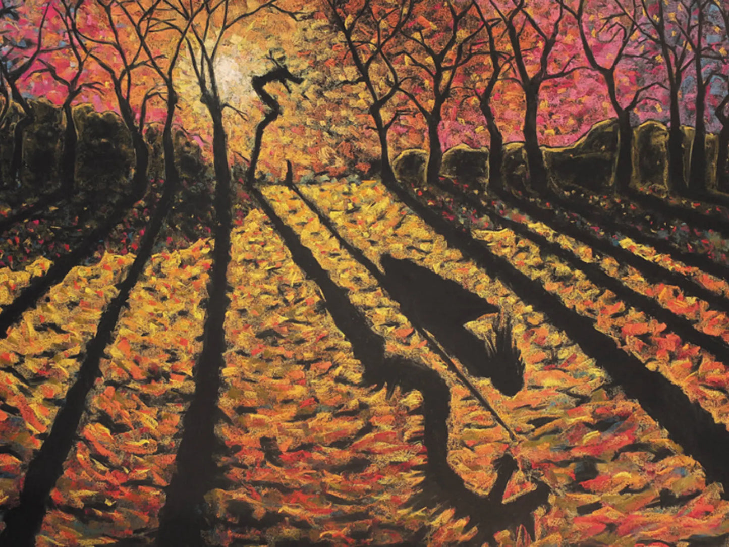 Artistic depiction of a landscape with trees and shadows of trees, a dragon, and a person with a shield