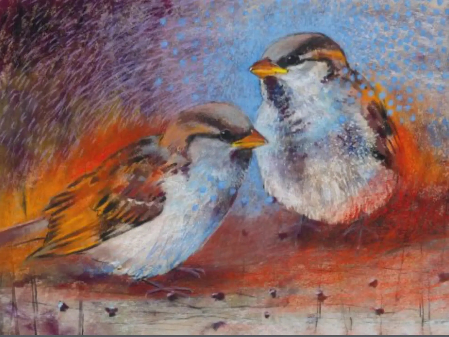 Artistic depiction of two birds on a branch with a colorful background