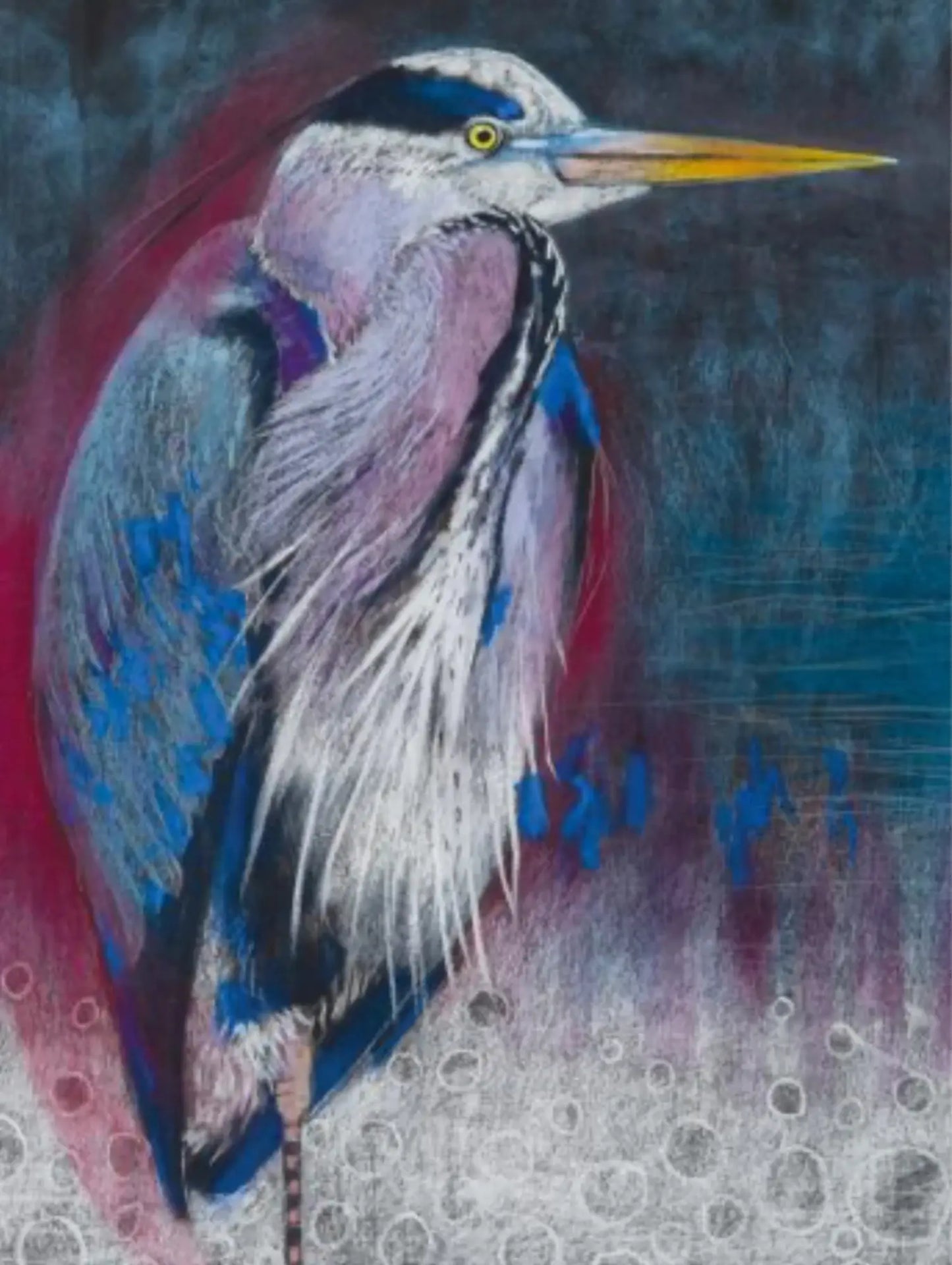 Artistic depiction of a great blue heron with a textured background