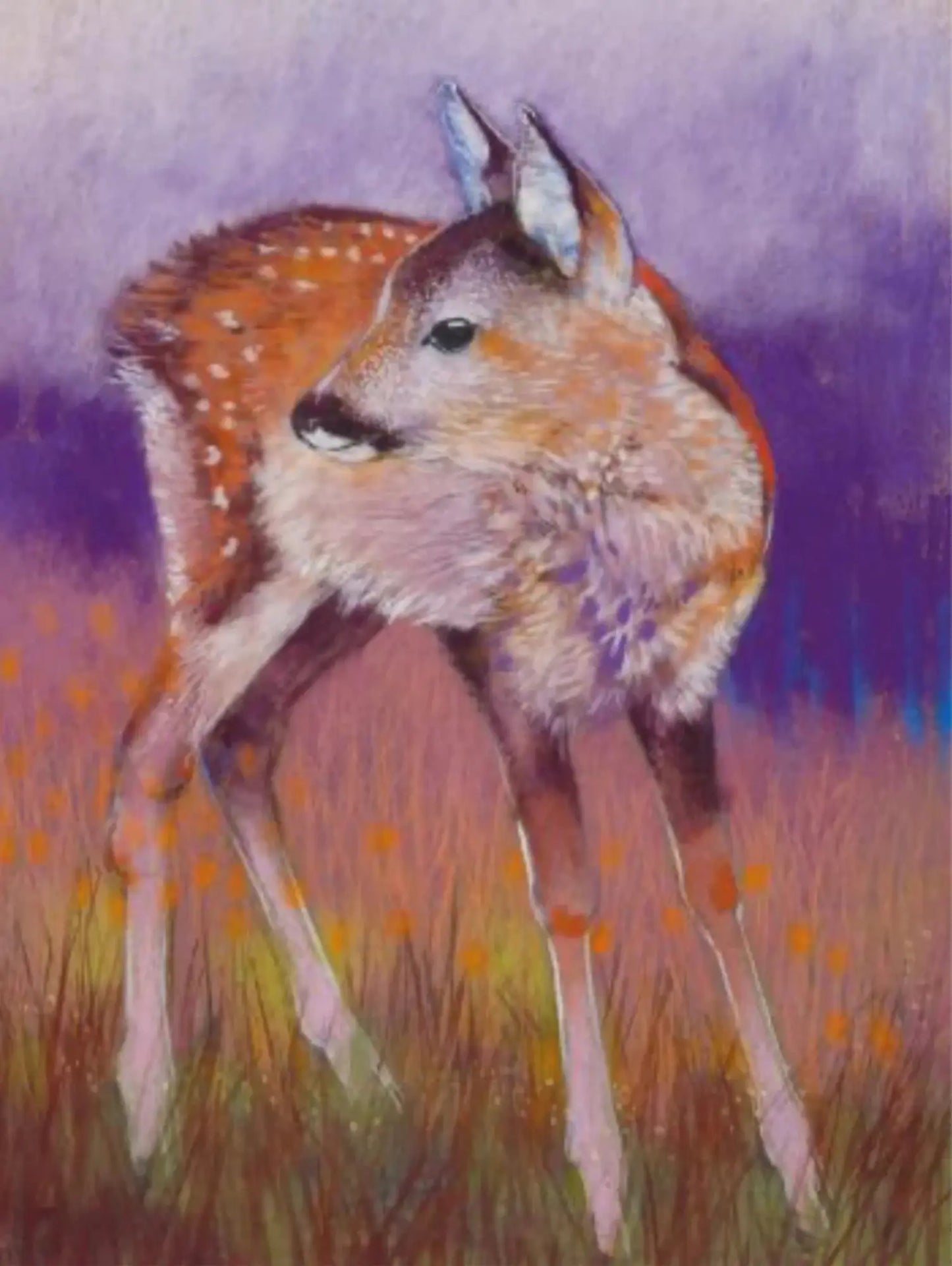 Postcard of a baby deer in a field with a purple and pink meadow grass background