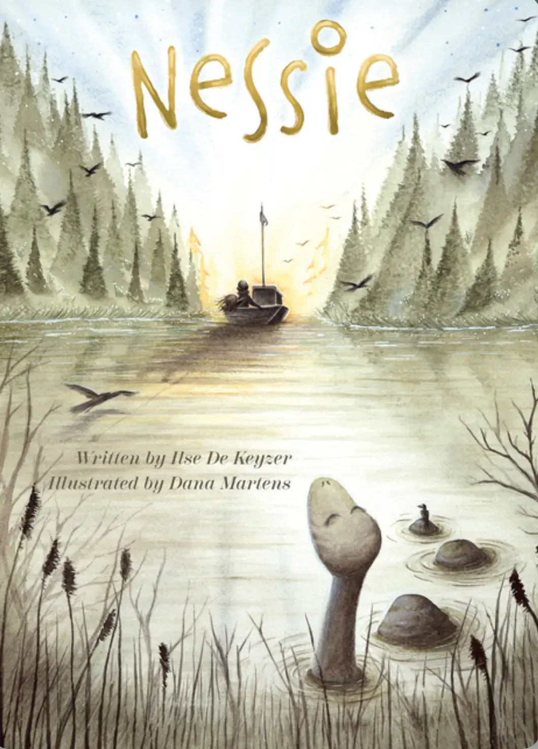 Book cover of 'Nessie' children's book with a lake scene, boat, and trees.