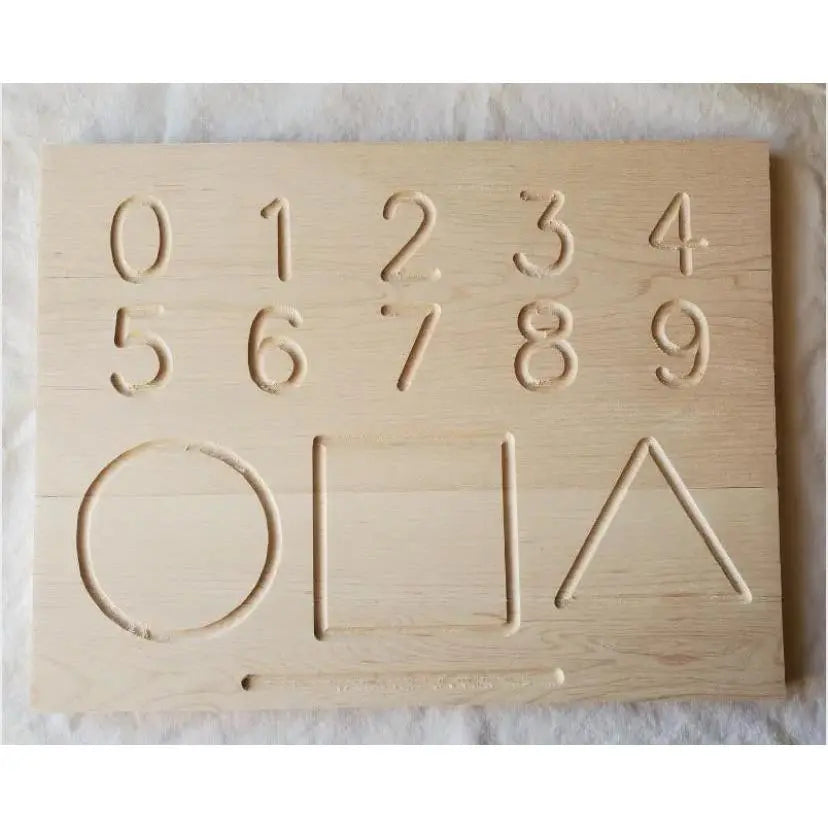 Wooden board with numbers and shape on a white background