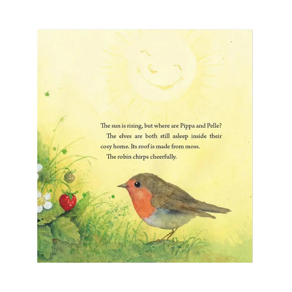 Illustration of a robin with a strawberry and text on a yellow background