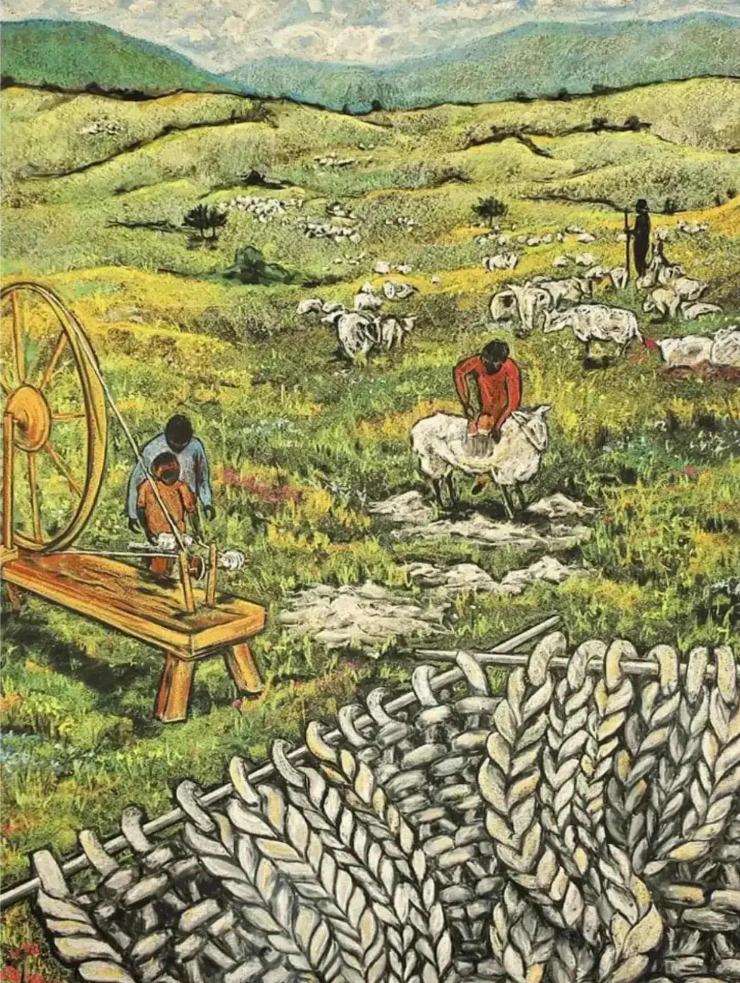 Pastoral lcountry scene shearing a flock of sheep with a spinning wheel and knitting needles knitting yarn in the foreground