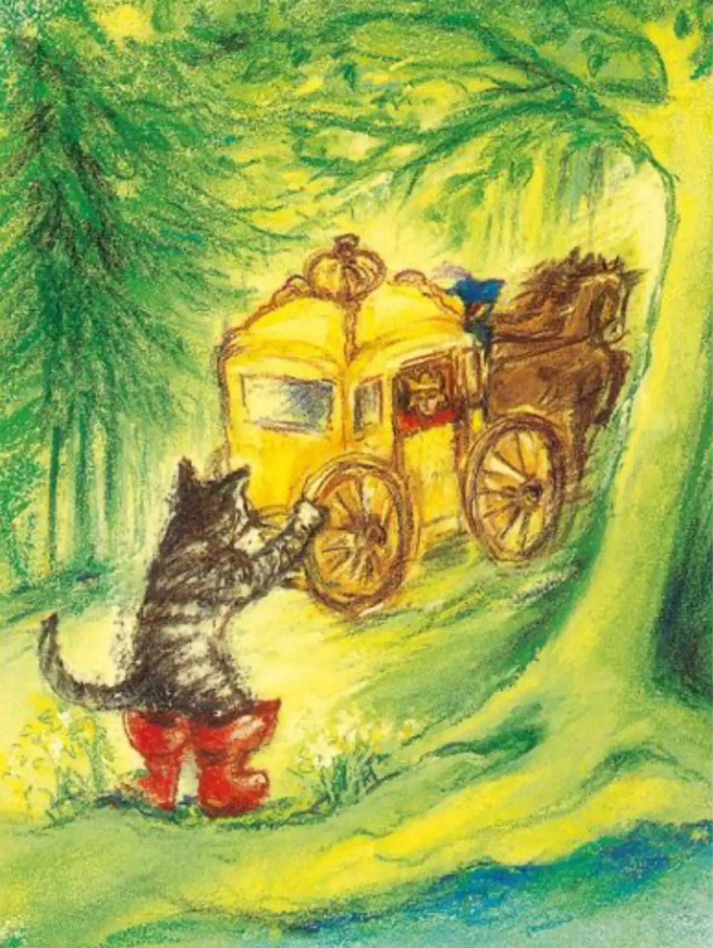 Illustration of puss in boots waving at a king in his yellow carriage in a forest setting