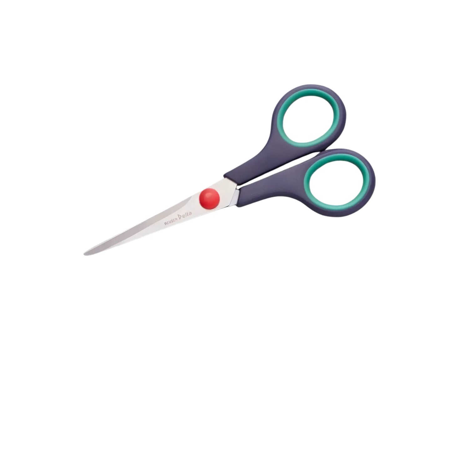 Pair of comfort grip ambidextrous scissors with black and green handles and a red button on a white background