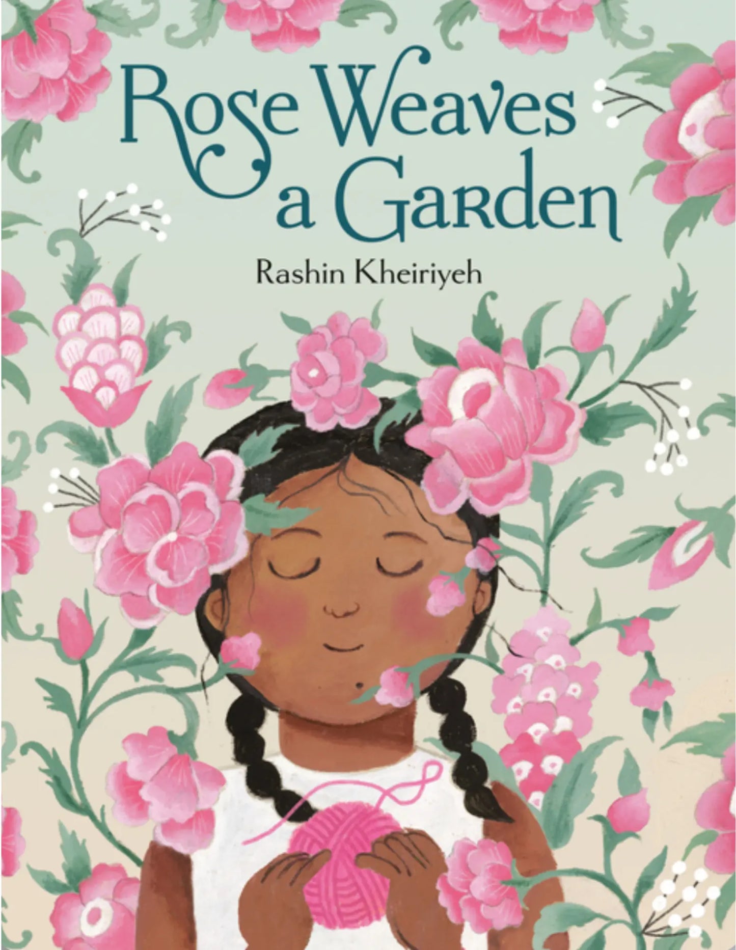 Book cover of 'Rose Weaves a Garden' with a girl surrounded by flowers