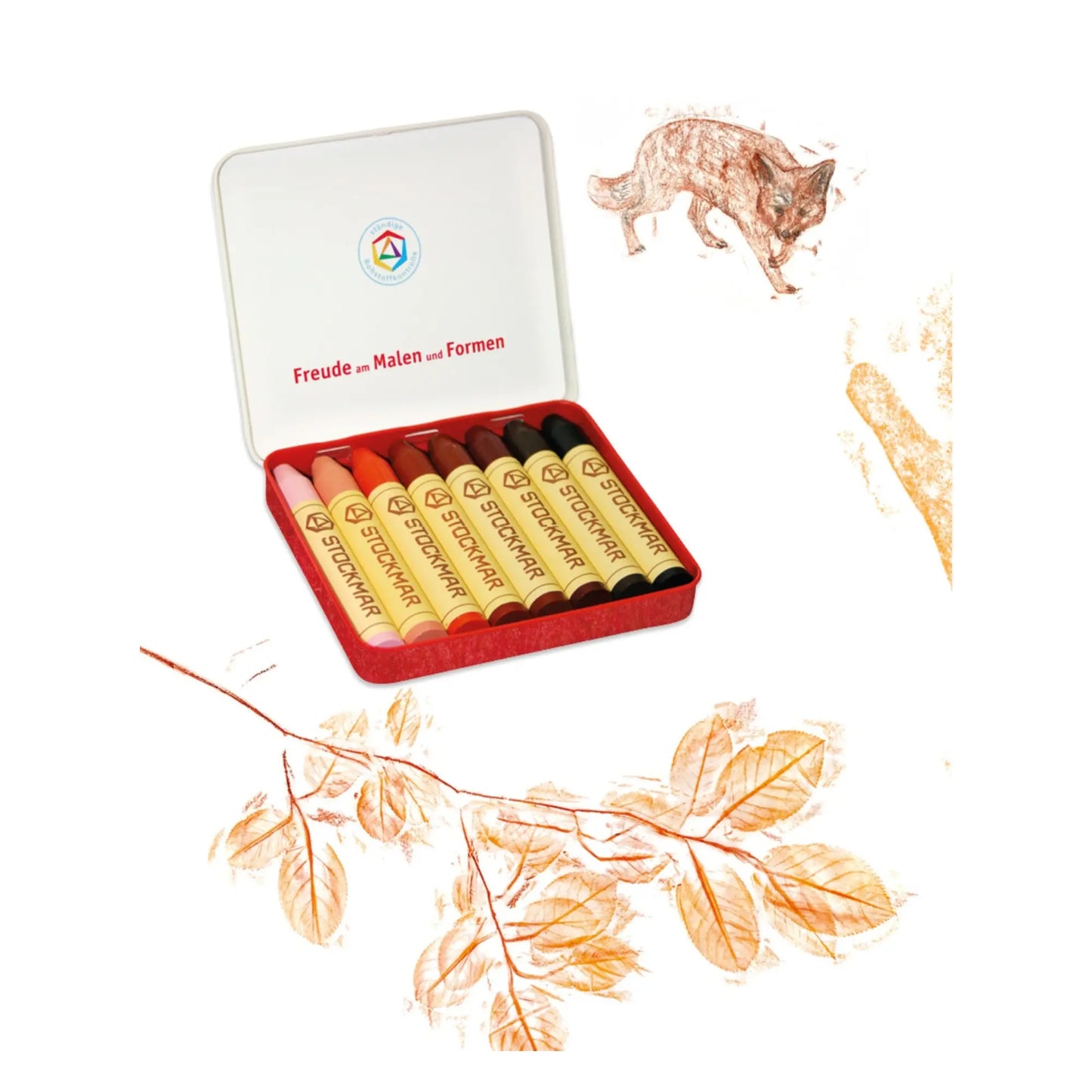 Set of Stockmar Stick Skin Tone Crayons with a fox and leaves in earth tones