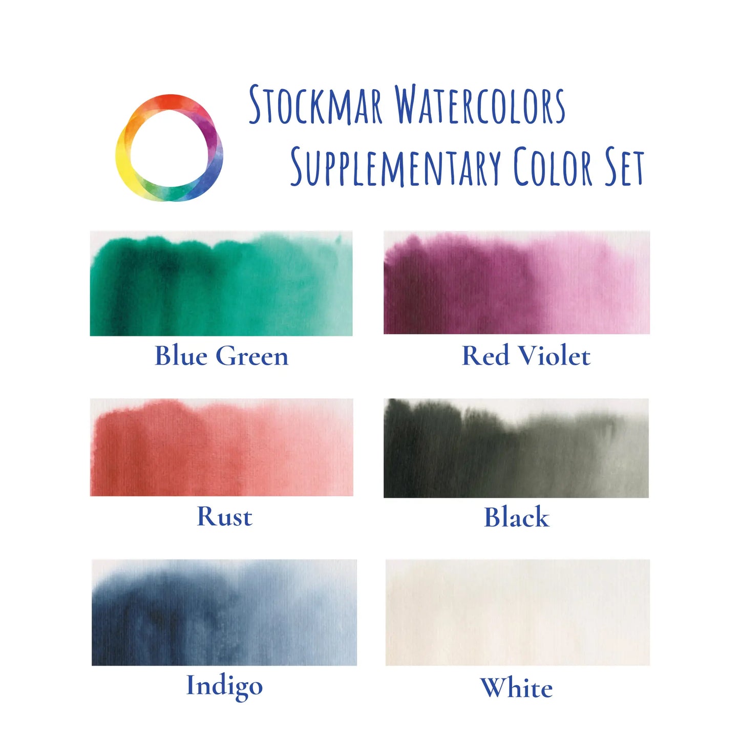 Stockmar Watercolors Supplementary Color Set with color swatches and names on a white background