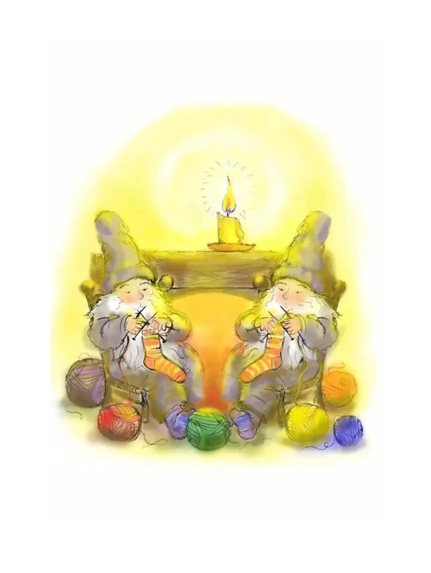 Two gnomes with a candle, knitting socks with balls of yarn