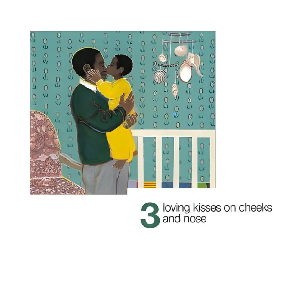 Illustration of a father and child embracing with text '3 loving kisses on cheeks and nose' below.