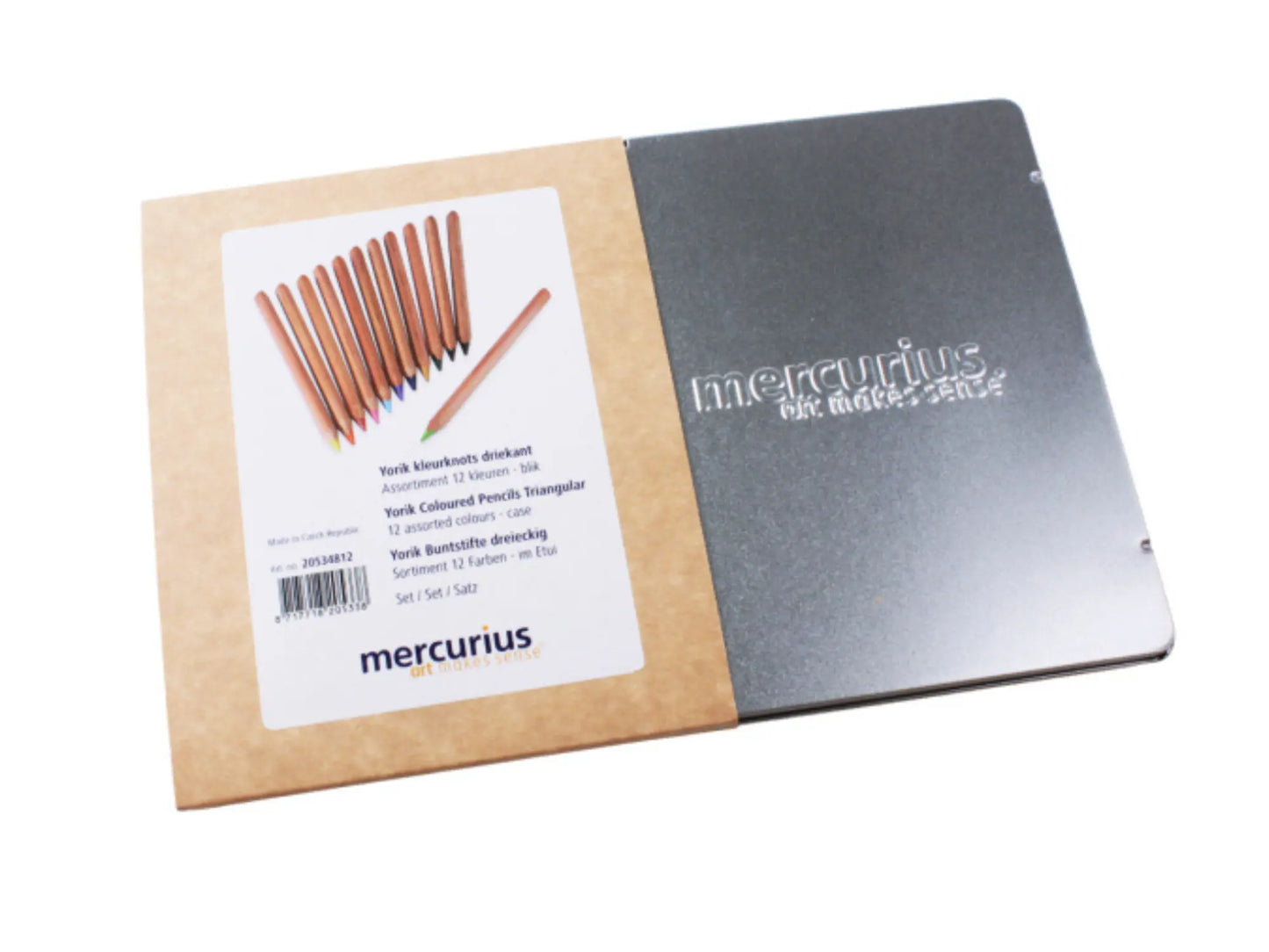 Mercurius art materials packaging with colored pencils on a white background