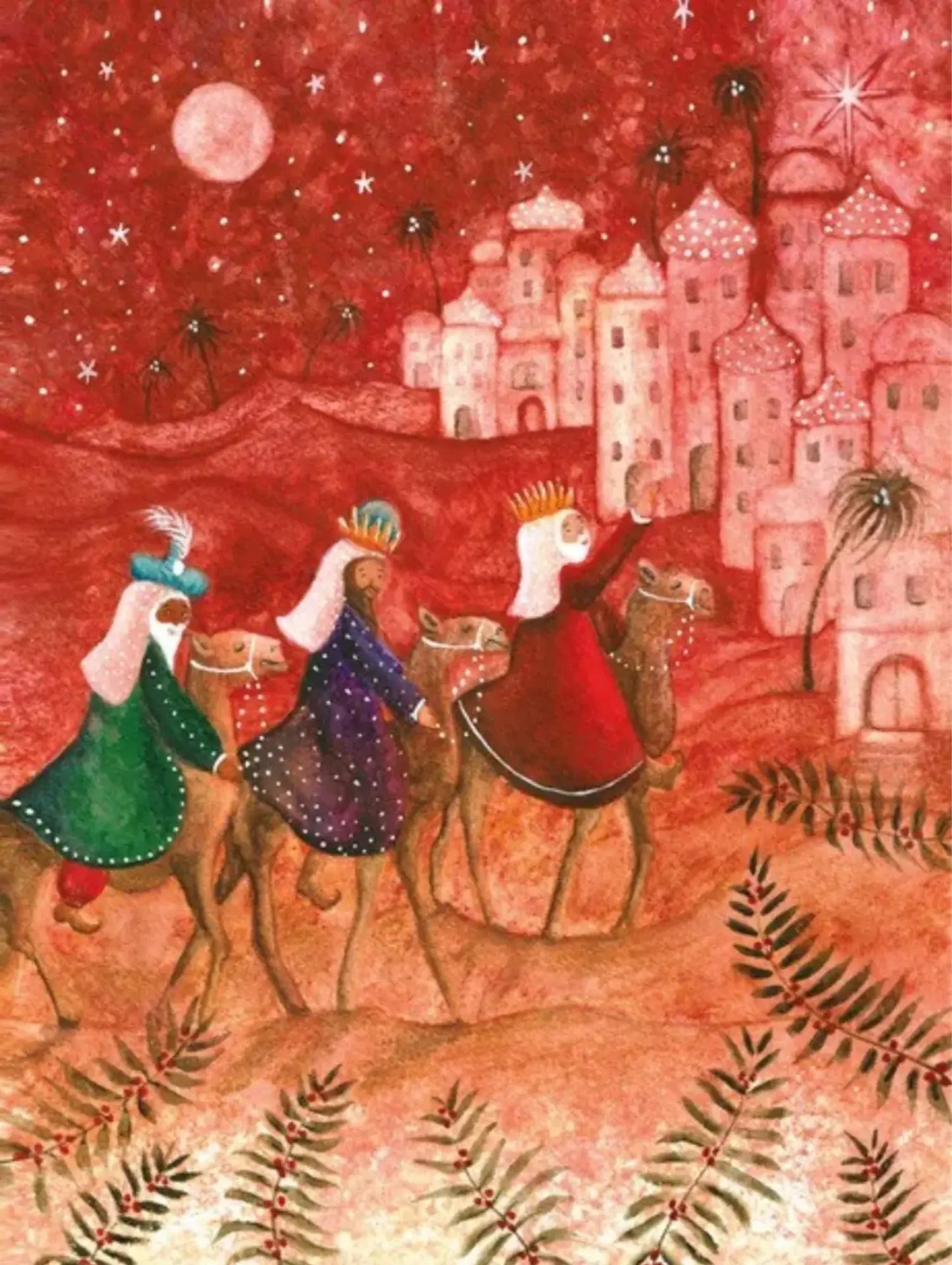 Three wise men on camels with a red sky and cityscape in the background