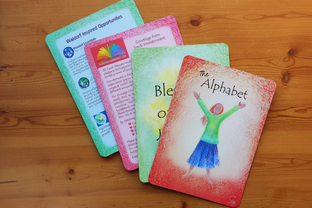 Waldorf Block Crayon Alphabet Card Set Fanned out over a wooden tabletop