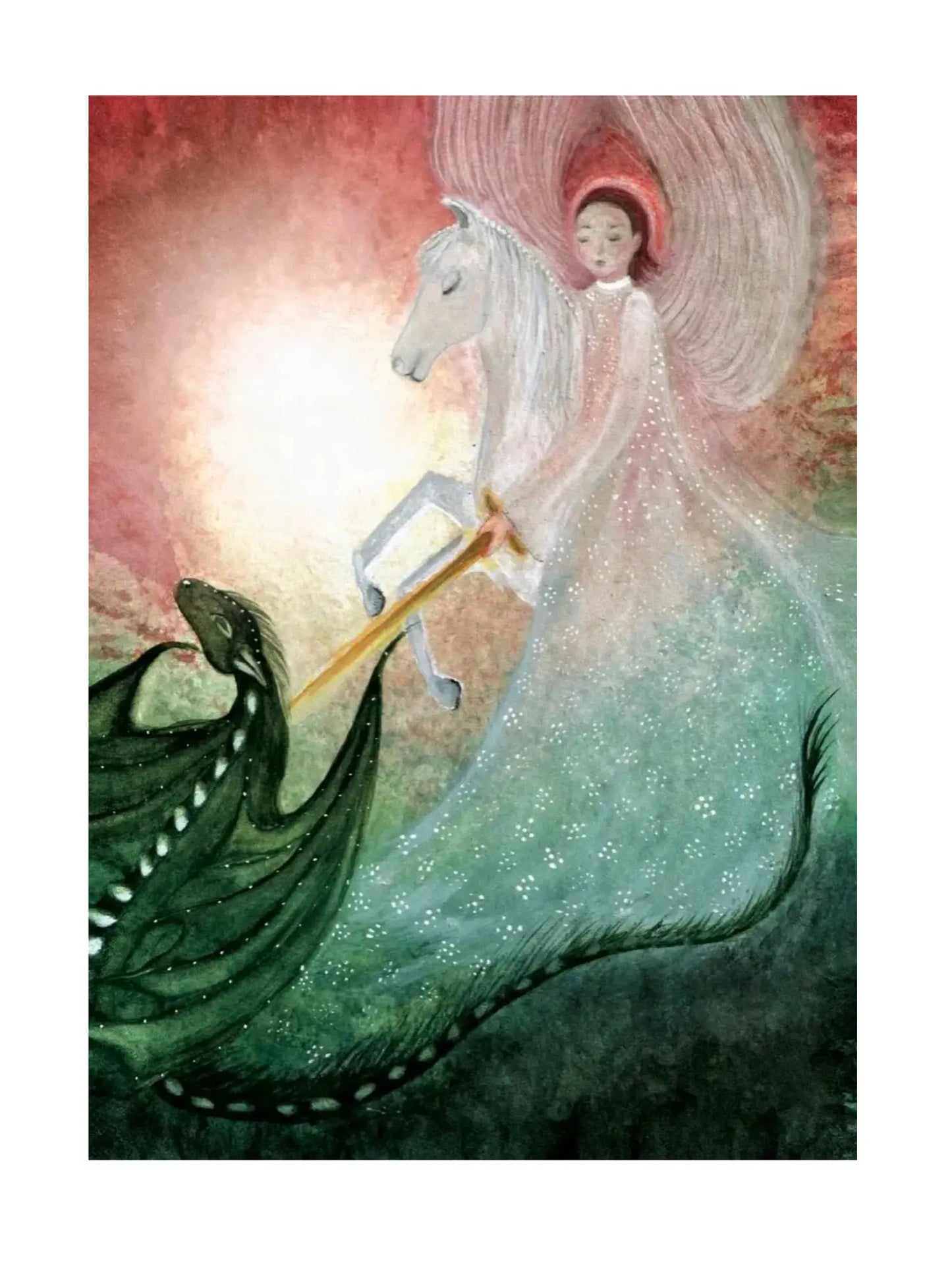 Illustration of a Saint Michael riding a white horse with a dragon at his feet against a colorful background